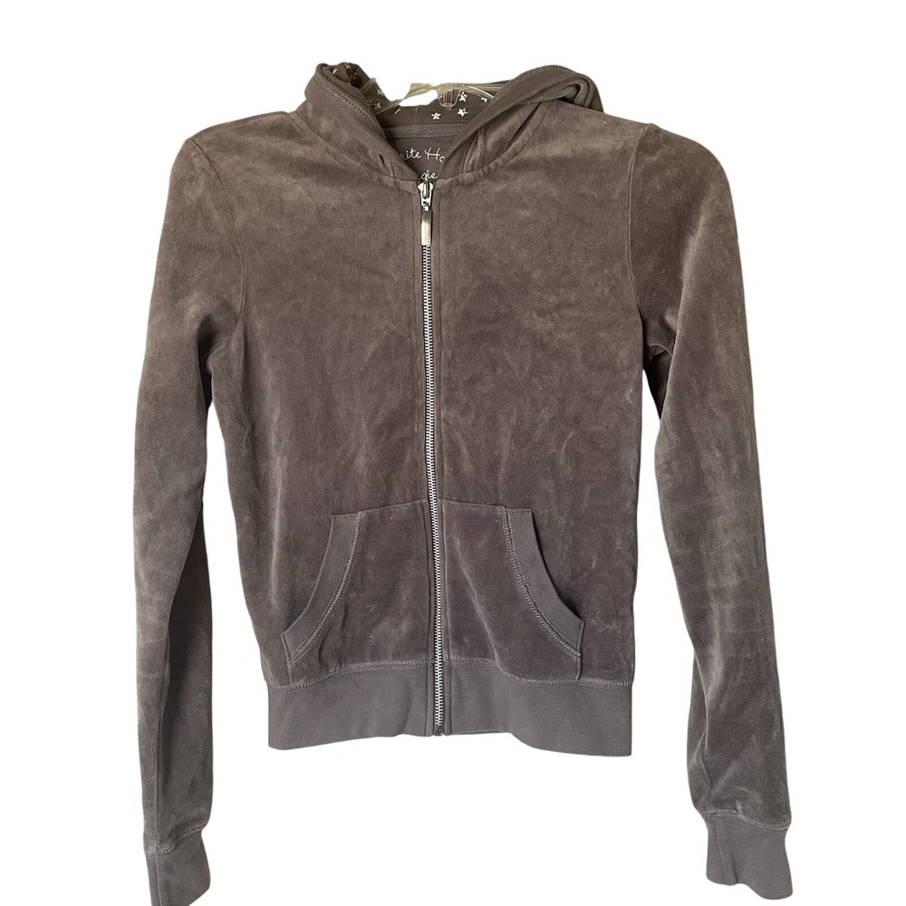 Cropped Gray Velour Zip-Up Hooded Sweater, S